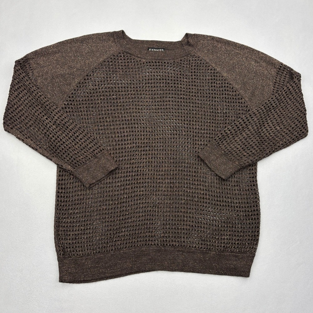 Express Metallic Open Knit Sweater Womens Medium Brown Gold Mesh Raglan Top